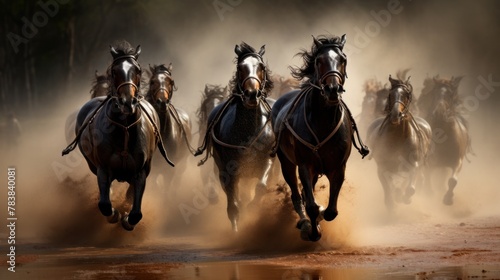 A group of horses is galloping in a field.