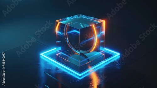 A 3D artistic rendering of a glowing blue glass cube and circle