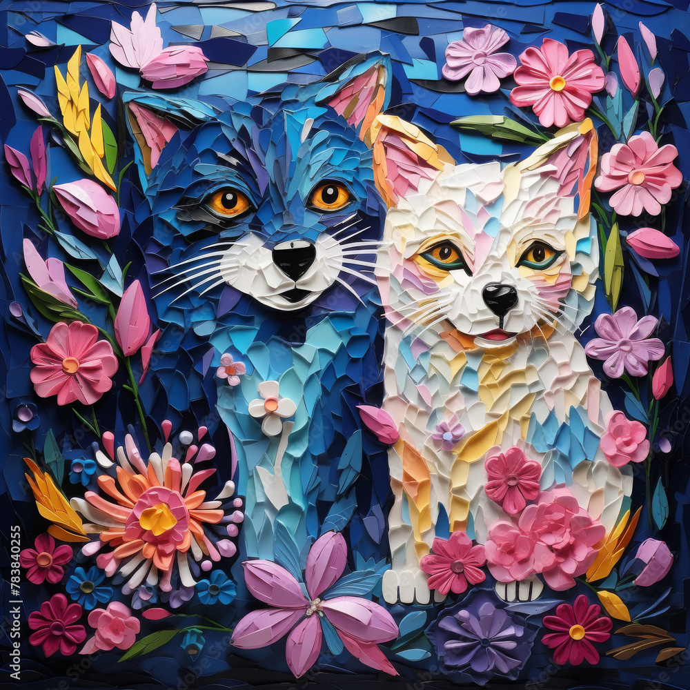 A stunning depiction of wild cats in mosaic form, with piercing eyes set against a vibrant backdrop of spring florals.