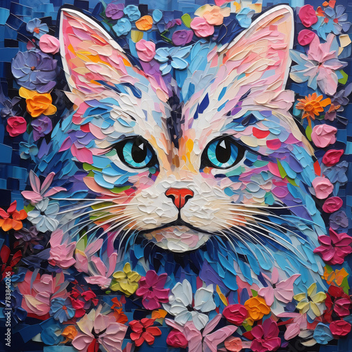 This mosaic portrait captures a colorful cat with striking blue eyes, surrounded by hydrangeas, hyacinths, and a medley of flowers.