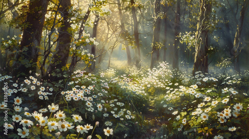 Sunlit forest featuring vibrant white primroses and anemones amidst blossoming trees in close-up view.