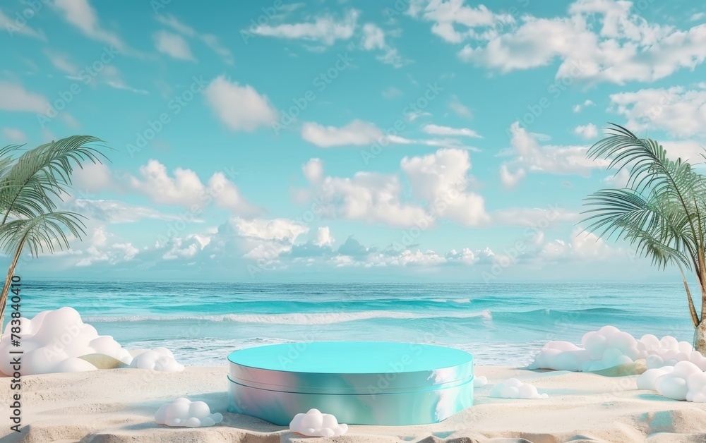 Obraz premium Summer tropical background, Podium on sand beach on sea background, Mock up for the exhibitions, Presentation of products, 3d render 