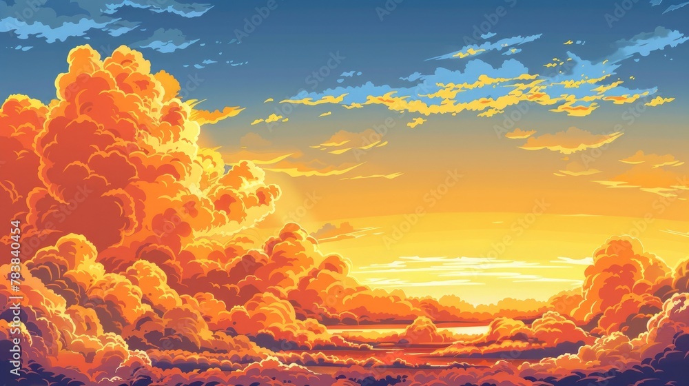 A picturesque vector illustration of a sunset sky with stylized clouds, perfect for background use