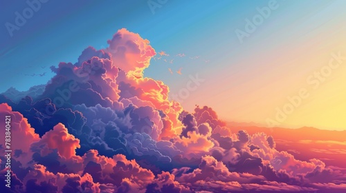 A picturesque vector illustration of a sunset sky with stylized clouds, perfect for background use