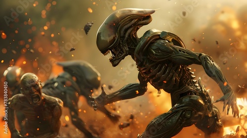 Ferocious Alien Warrior Battling Hordes of Undead Creatures in Explosive Sci-Fi Conflict