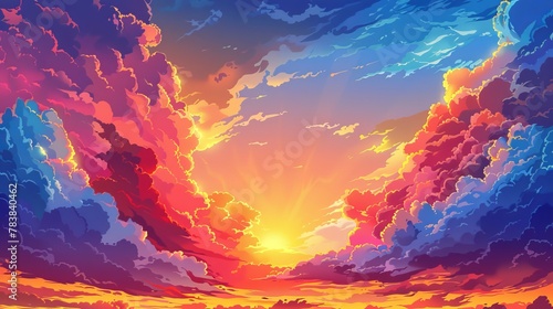 A picturesque vector illustration of a sunset sky with stylized clouds, perfect for background use