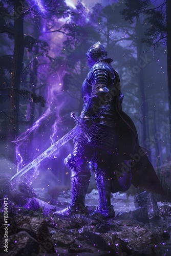 Powerful Knight King Wielding Mystical Purple Aura in Enchanted Dark Forest at Night