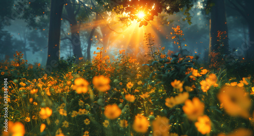 Beautiful panorama landscape with sun and forest and flowers meadow at sunrise. Sun rays shine through trees. Panoramic view. Ai generative..
