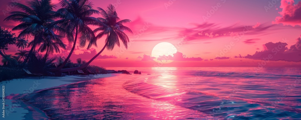 A beautiful sunset over a tropical beach. The sky is a gradient of pink and orange, and the sun is a deep red. 
