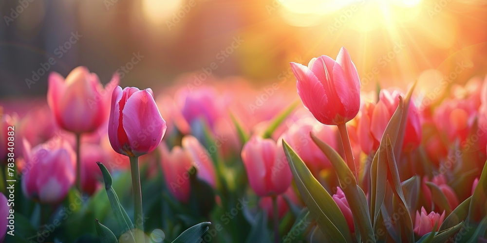 Beautiful Pink Tulips in a Sunlit Field with Trees in the Background