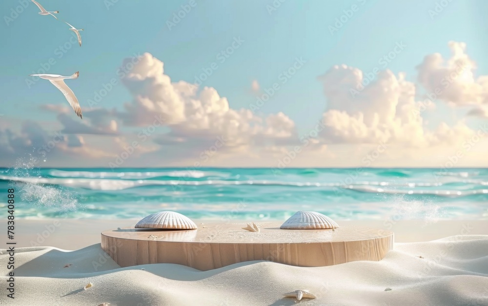 Obraz premium Summer tropical background, Podium on sand beach on sea background, Mock up for the exhibitions, Presentation of products, 3d render 