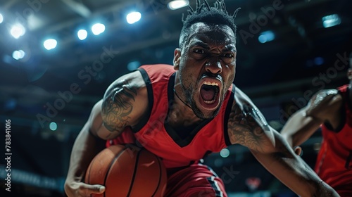 A basketball player in a red jersey is playing on the court with his mouth open and looking very angry while dribbling. © KAYU