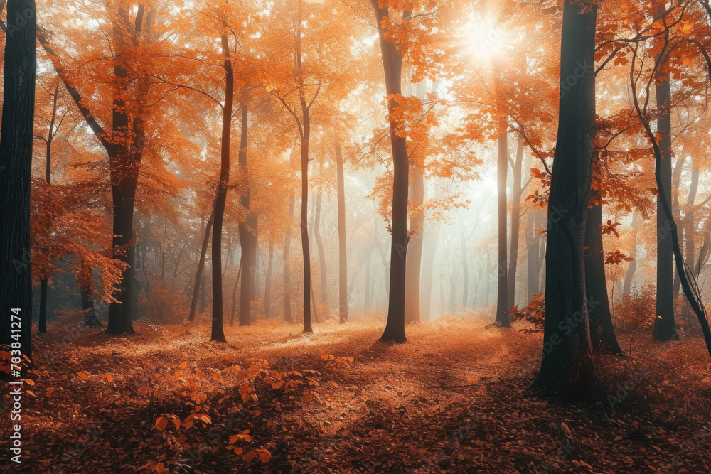 Warm Autumn Forest Scene with Sunlight Filtering through Vibrant Foliage