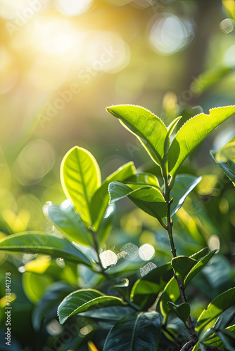 Green tea tree leaves camellia sinensis organic farm sunlight. Panorama Fresh young tender bud herbal farm in morning