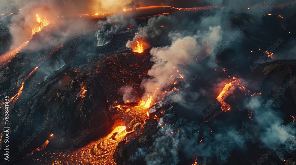 Volcano erupts, natural smoke comes out of the mountain, magma falls from the slopes of the volcano, lava river. Volcano erupts, natural smoke comes out of the mountain, magma falls from the slopes of the volcano, lava river.