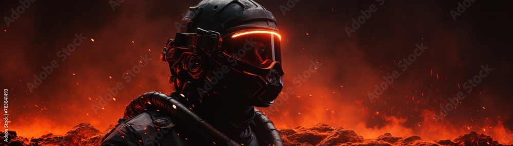 A soldier in a protective suit standing in a volcanic landscape. - obrazy, fototapety, plakaty 