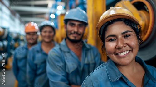 Team of Happy Industrial hispanic Workers with Helmets Posing in Manufacturing Plant