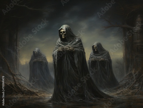 Three dark figures in tattered robes walk slowly through a dead forest