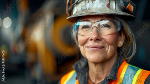 close up of Confident mature Female Engineer in Hard Hat Smiling at camera at Industrial Facility