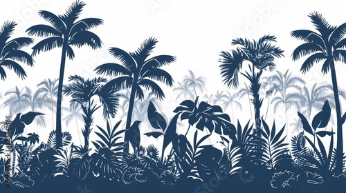  Tropical scene with palm trees, ferns, and other plants against a white background photo