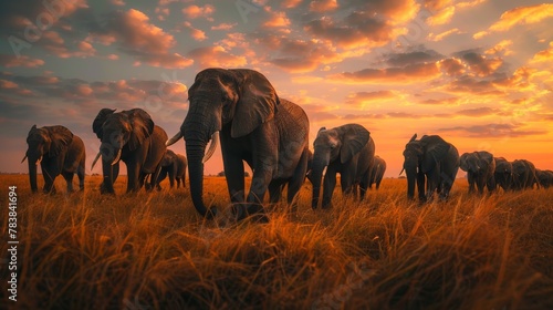 Herd of Elephants in Africa walking through the grass in National Park.