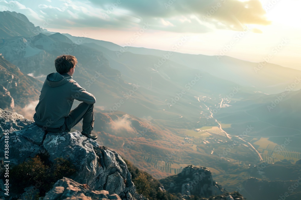 Young man looking out at the view from top of the mountain. AI generative