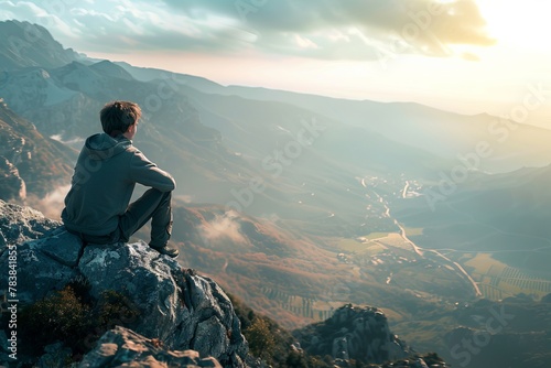 Young man looking out at the view from top of the mountain. AI generative