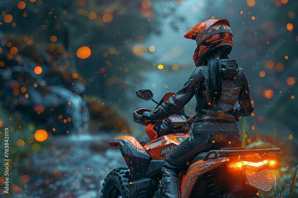 Bokeh orange theme, full body, punk girl stands next to an ATV against the backdrop view of maple jungle waterfall scenes, 