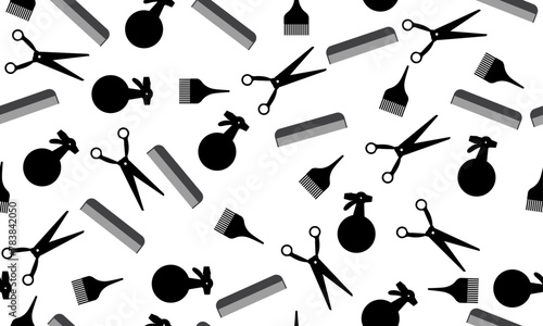 Seamless Black and White Scissors, Combs, Spray Bottles, and Brushes pattern on a transparent background