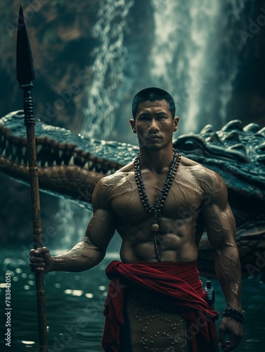 cinematic movie still Thai man with strong body Standing holding a spear with a red cloth called Krai Thong Behind him is the largest ancient crocodile in the world Its called Salawan  photo