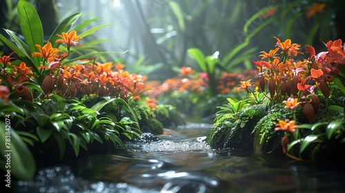 Closeup focus shot of a stream flowing through a lush forest Inspired by Christophe Vachers fantasy art  