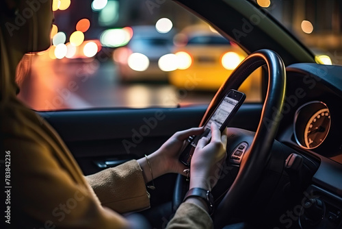 Dangerous Habit of Texting on Phone While Driving at Night in Busy City Traffic
