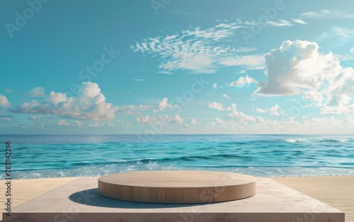 Summer tropical background, Podium on sand beach on sea background, Mock up for the exhibitions, Presentation of products, 3d render © MUS_GRAPHIC