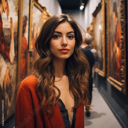 Beautiful young Spanish woman amidst art at an exhibition in Madrid