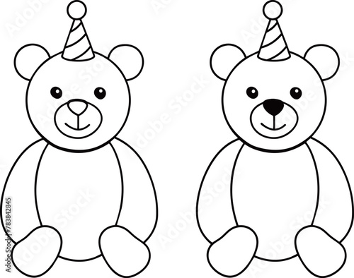 A cartoon outline teddy bear with a party hat on its head