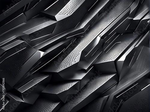  composition of futuristic, dark pieces against a background design of black. Metallic perforated texture design in chrome design. Geometric image of technology. Banner with a vector header design.  photo