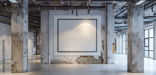 A prototype of a blank wall frame set against exposed pipes and concrete pillars creates an industrial-inspired gallery space that exudes a sense of urban gritty creativity