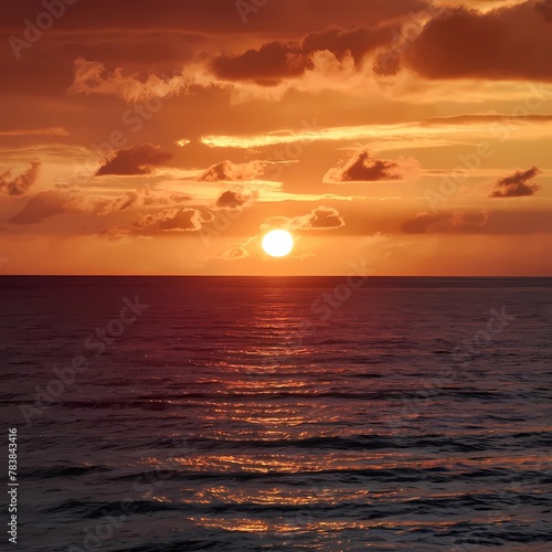 a sunset with clouds and a sun setting over the ocean © fanane