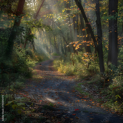A Serene Hiking Trail Bathed in Dappled Sunlight Amidst the Vibrant Foliage of a New Jersey Forest © Jeff