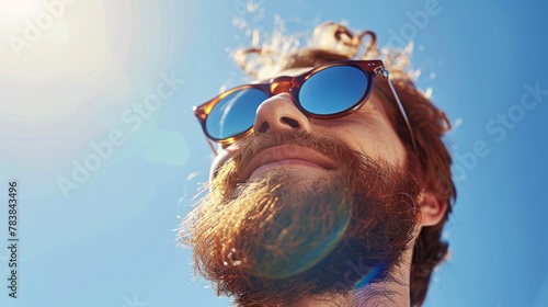 Portrait courageous unshaven man with red hair on background of sky. photo