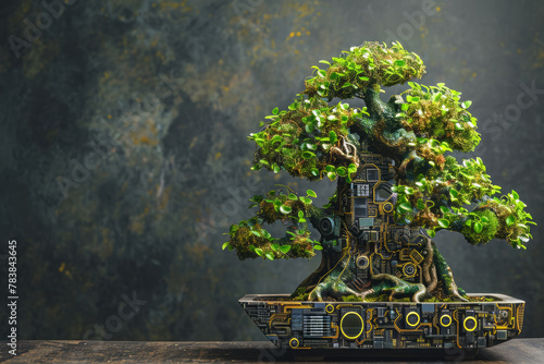 Cyberpunk Techno-Bonsai: The Intersection of Nature and Bio Technology in a cyber pot
