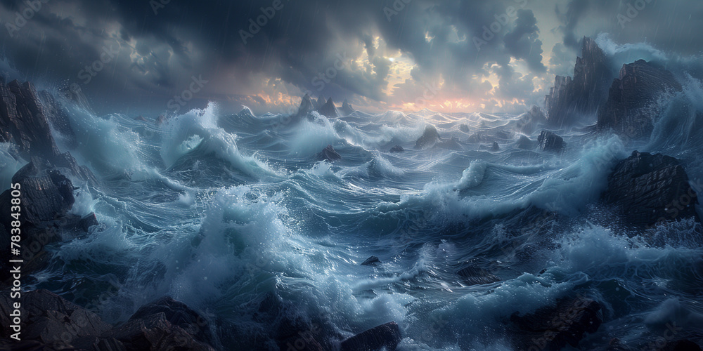 A digital illustration captures the raw power of nature as tumultuous ocean waves crash under a stormy sky, illuminated by lightning strikes amidst the intense energy of thunderclouds.