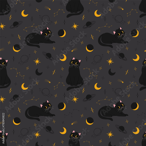 Celestial vector pattern with cats and stars on black background. Cartoon flat style. Print design for textile, fabric, wallpaper, wrapping, apparel. 