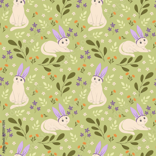 Cats vector floral pattern with flowers and leaves. Green background. Kittens with bunny ears. Cartoon flat style. Print design for textile, fabric, wallpaper, wrapping, apparel. 