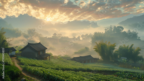 Sunlight pierce through clouds with farmland and terraced rice fields filled in morning mist with a small Chinese farmhouse, creating a dreamlike landscape in the countryside.