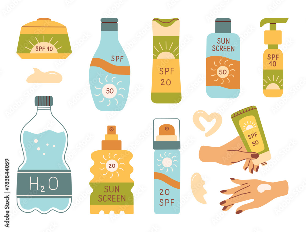 Sun safety collection. Set of sunscreen cosmetic bottles with SPF, hands applying sunblock lotion, smears of cream. Sun safety collection. Set of sunscreen cosmetic bottles with SPF, hands applying sunblock lotion, smears of cream.
