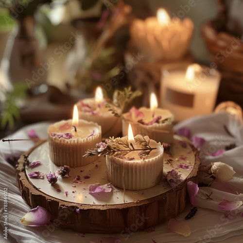 Group of Candles on Wooden Slice