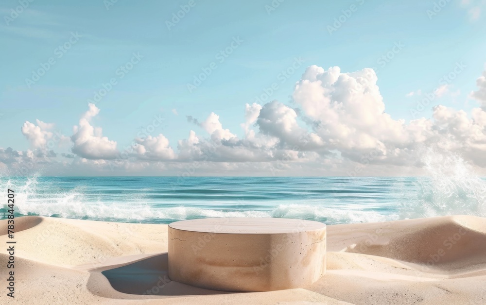 Summer tropical background, Podium on sand beach on sea background, Mock up for the exhibitions, Presentation of products, 3d render Summer tropical background, Podium on sand beach on sea background, Mock up for the exhibitions, Presentation of products, 3d render