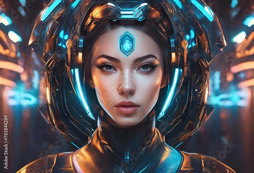 Portrait of young woman with technological body parts of a robot or humanoid android robot with artificial intelligence.	
