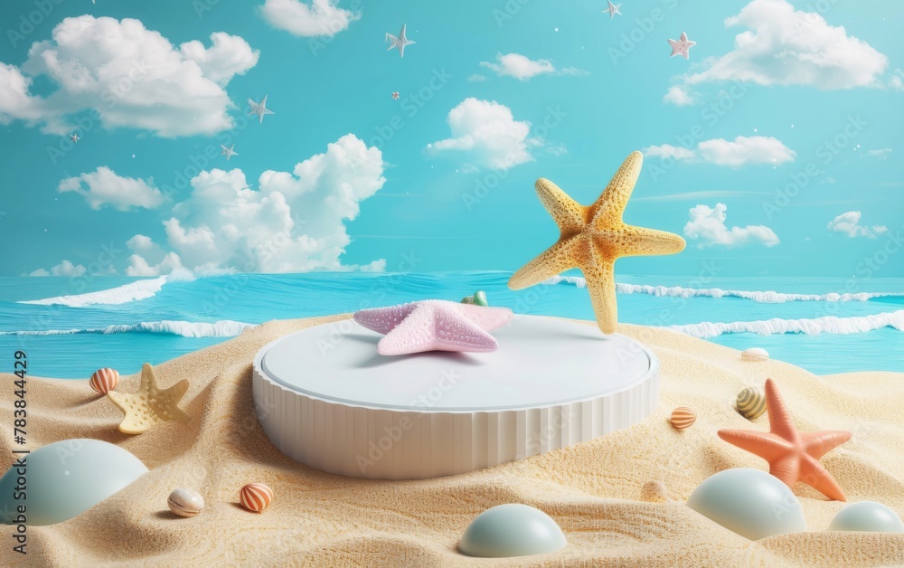 Fototapeta premium Summer tropical background, Podium on sand beach on sea background, Mock up for the exhibitions, Presentation of products, 3d render